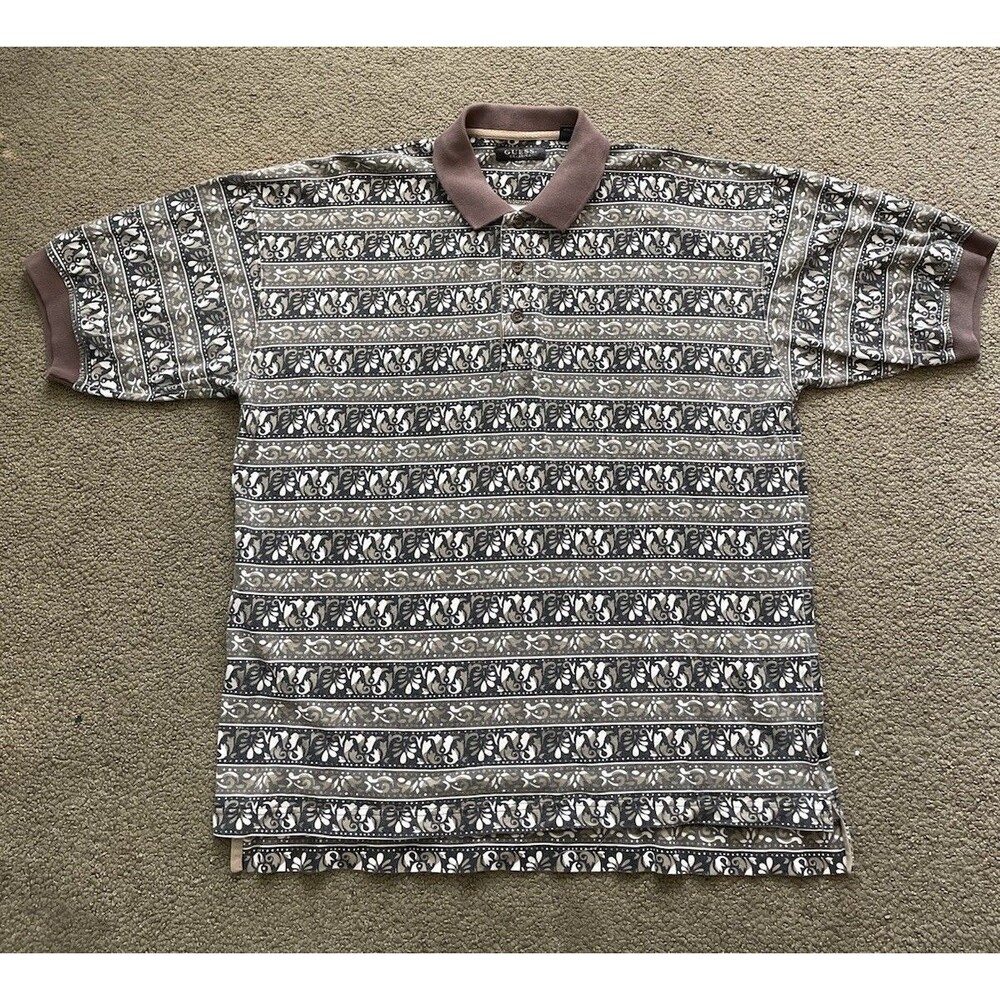 Vintage 90s Guess Classics Polo Shirt Mens L Geometric Stripe Brown Collar